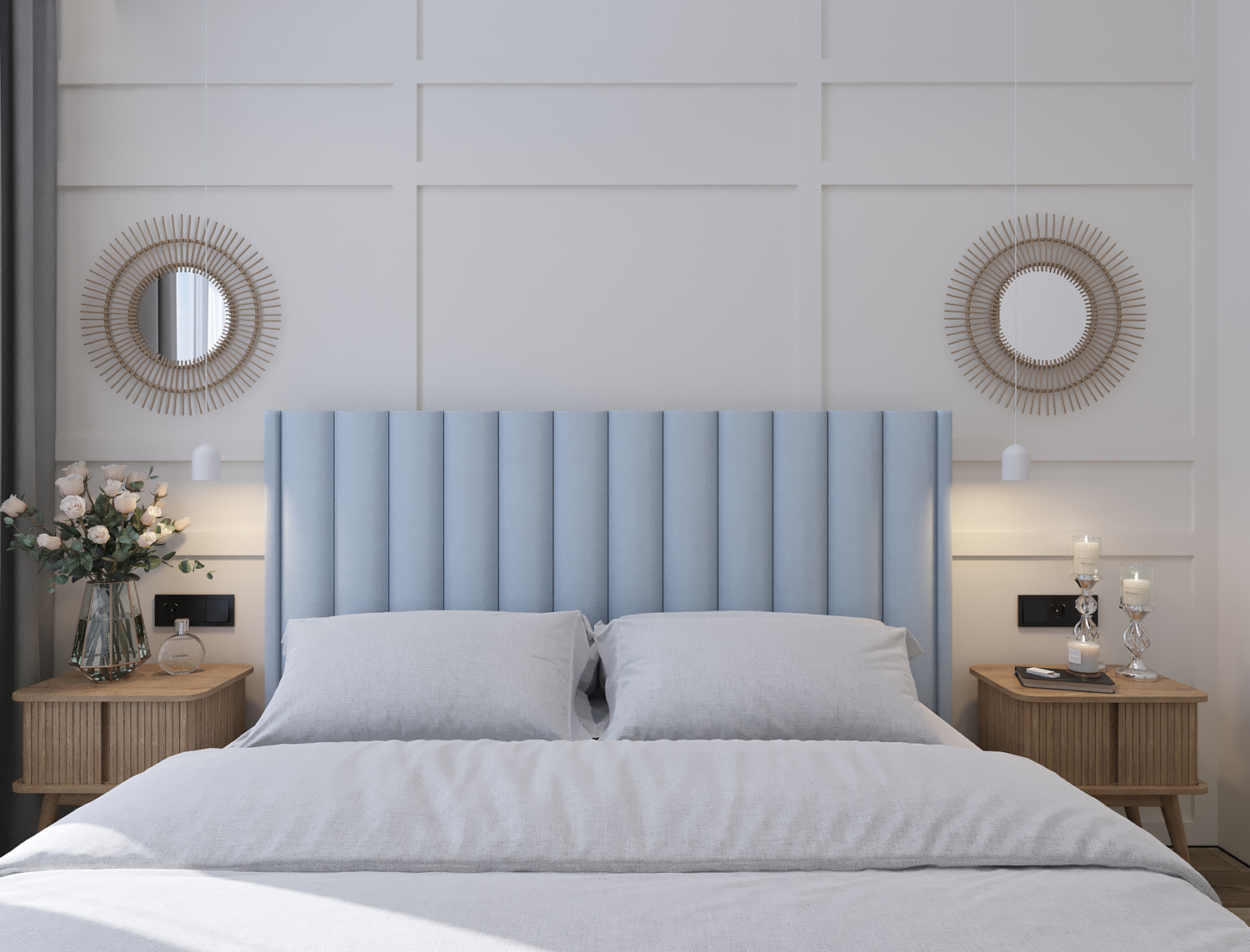 Ванная комната, выдержанная в дымчато-голубых тонах, словно окутана утренним туманом. Чёрная сантехника дерзко прочерчивает графичные линии, подчёркивая современный минимализм. Голубая мебель перекликается с серым терраццо на стенах, а дверь, отделанная шпоном натурального дуба, добавляет природной теплоты. Всё вместе создаёт ощущение гармонии, словно кусочек природы просочился в городскую квартиру. Натяжной потолок с мягкой подсветкой имитирует рассеянный дневной свет, добавляя уюта в эту минималистичную обитель. А зеркало во всю стену визуально стирает границы, превращая ванную в бесконечное, воздушное пространство.