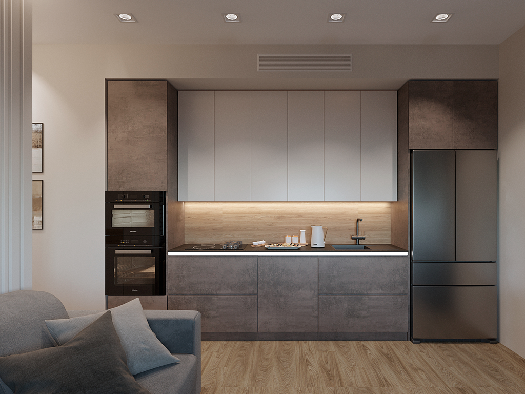 кухня гостиная, встроенная мебель, дизайн минимализм 