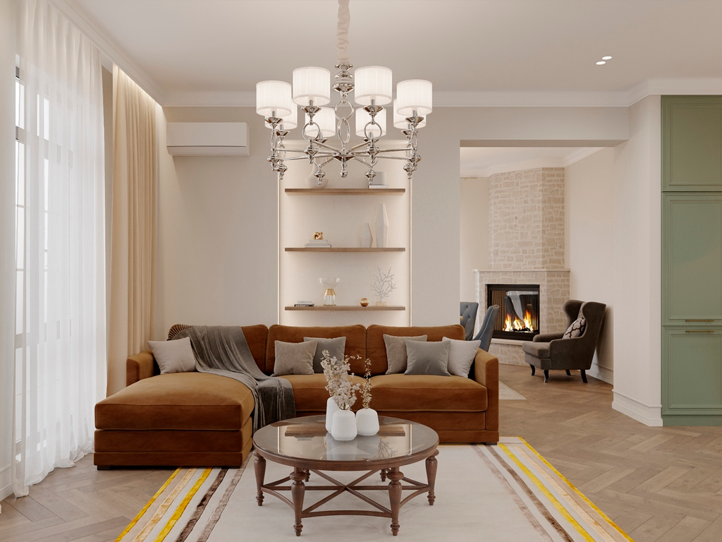 классический светлый интерьер гостиной с камином