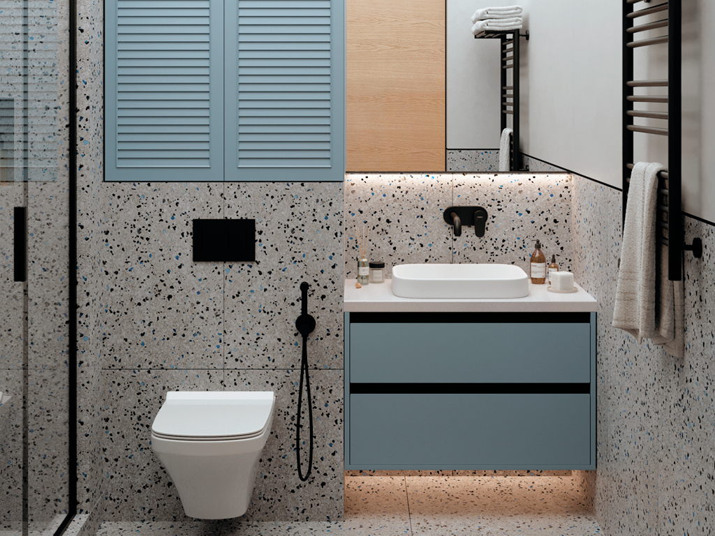 плитка террацо, голубая мебель, светящийся потолок, черная сантехника 